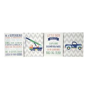 Set of 4 Canvases - Little Boys - Trucks - White with Gray Chevron